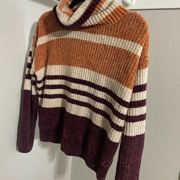 Roxy Cozy Cowl Neck Sweater in Orange, Cream, and Purple - Picture 2 of 2